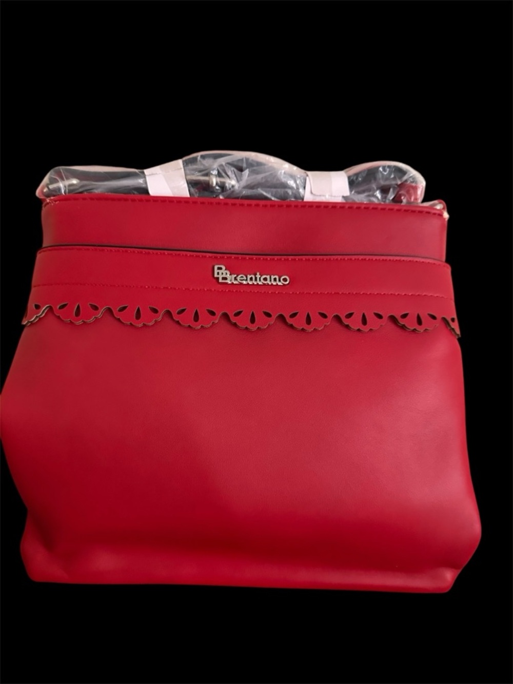 Brentano Vegan Leather Red Scalloped-Trim Shoulder Bag - Picture 6 of 6